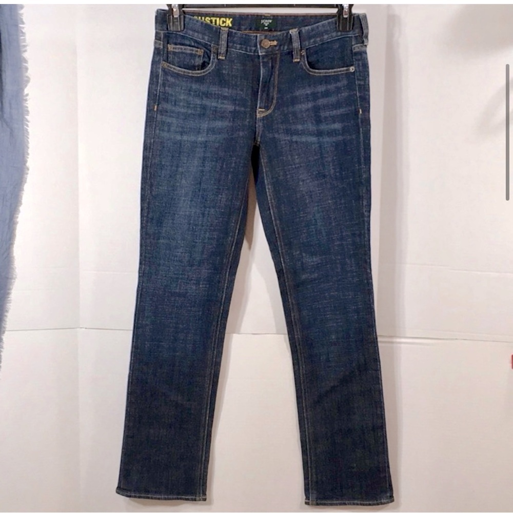J. Crew Stretch Matchstick Straight Dark Blue Denim Jeans Sz 28S w/ Whiskers 29L
